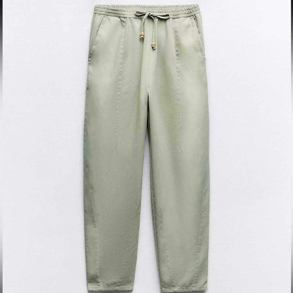 Zara Women's Light Sage Elastic-Waist  Pants